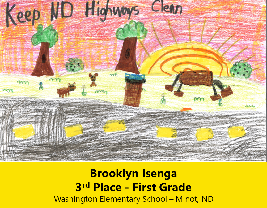 Drawing of a highway with grass and trees in the background and a sun along the horizon line. 