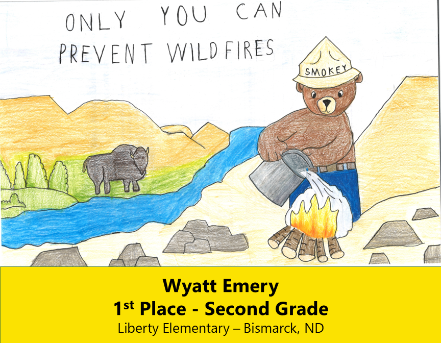 Drawing of Smokey Bear dowsing a fire beside a river and buttes. 