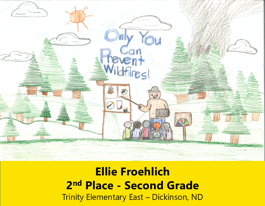 Drawing of Smokey Bear teaching children about wildfires. 