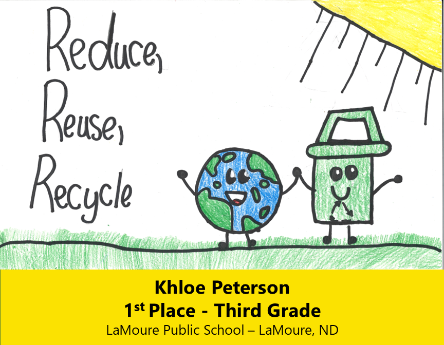 Drawing of a smiling Earth and recycle bin holding hands. 