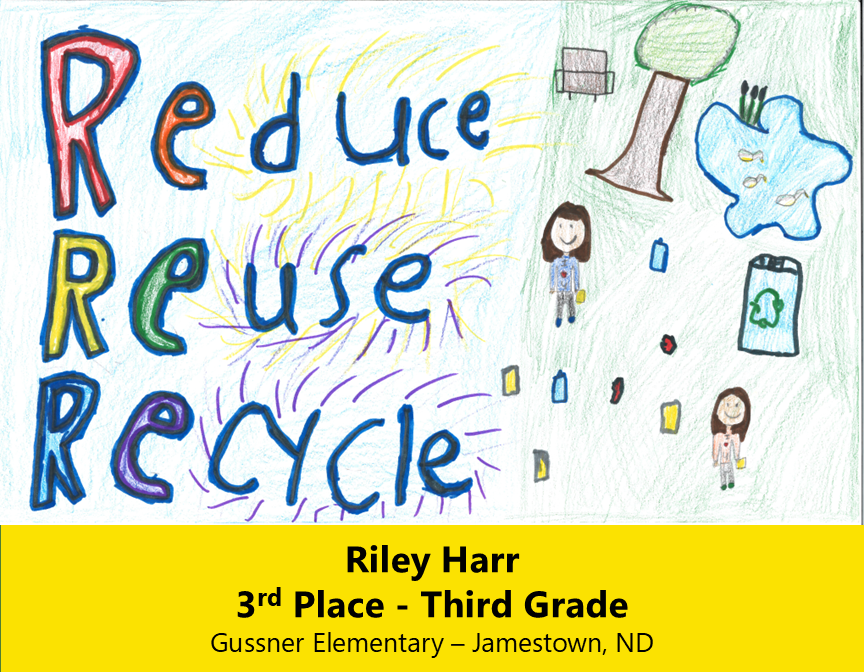 Drawing of two children in a park with trash scattered around a recycling bin. 