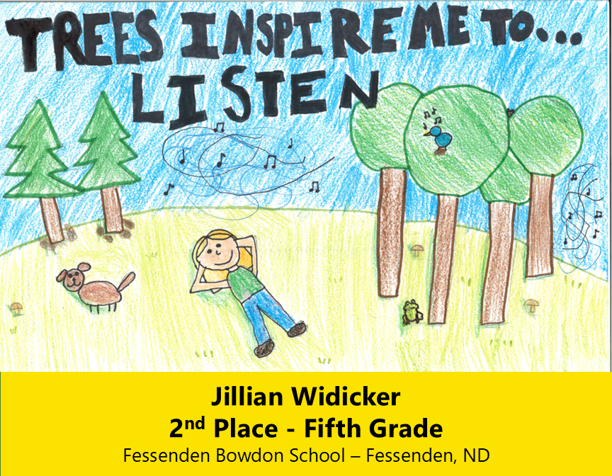 Drawing of a child laying on their back looking up at the sky with trees surrounding them.  