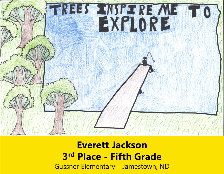 Drawing of a lake shaped like North Dakota with a dock and person fishing sitting at the end. Trees left of the lake. 