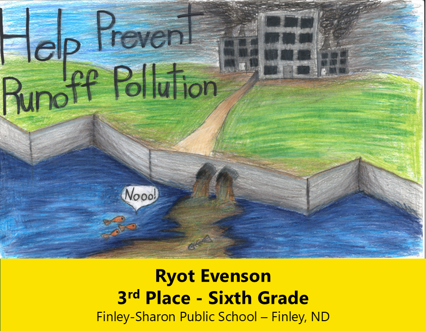 Drawing of a factory in the background with a pipe exiting into a water body. 