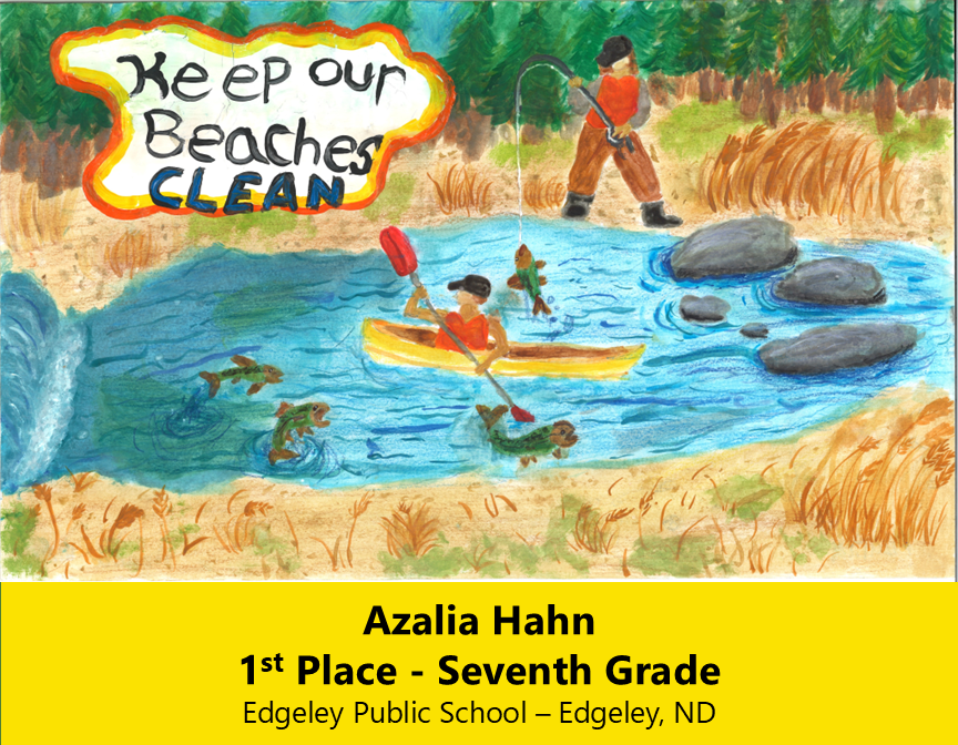 Drawing/painting of a child kayaking in a stream with fish and another person fishing along the shoreline. 