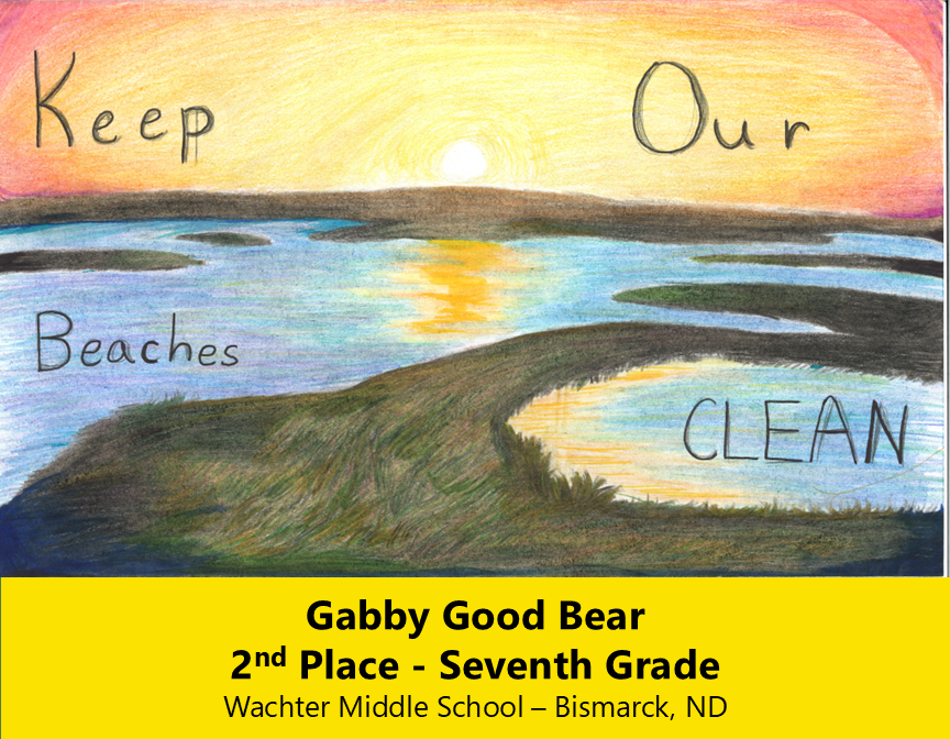 Drawing of lake/wetland area surrounding by prairie grass with a sun along the horizon. 