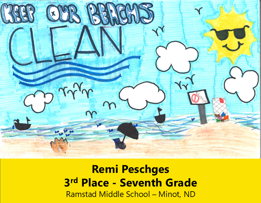 Drawing of a sandy beach near water with boats floating offshore. Blue, cloudy sky with smiling sun. 