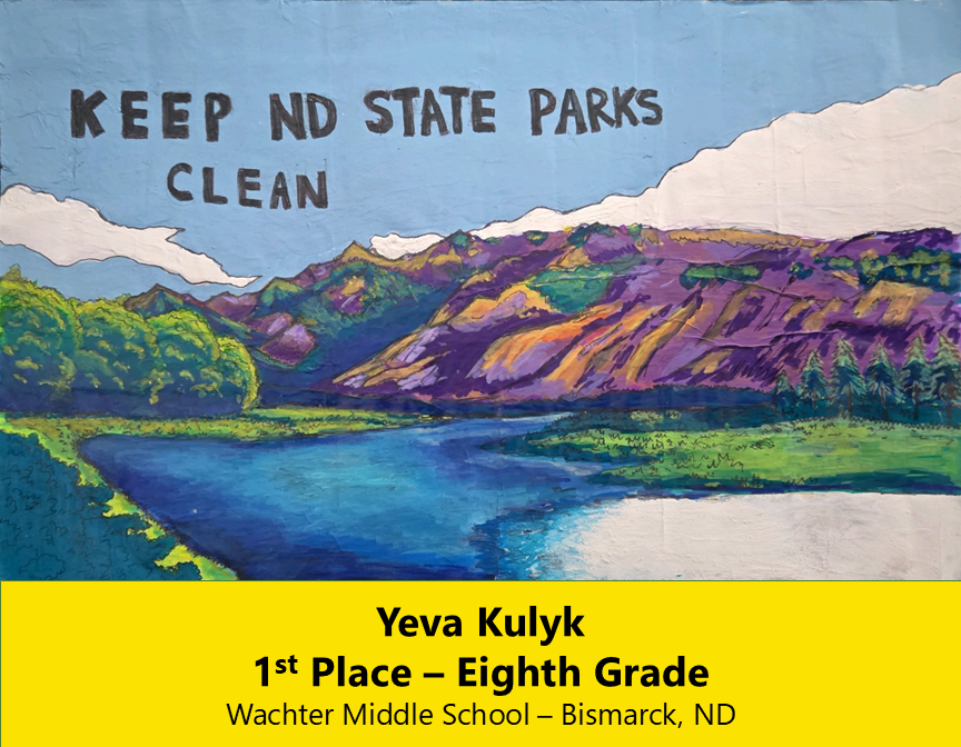 Painting of purple and brown buttes with water running away from them. 