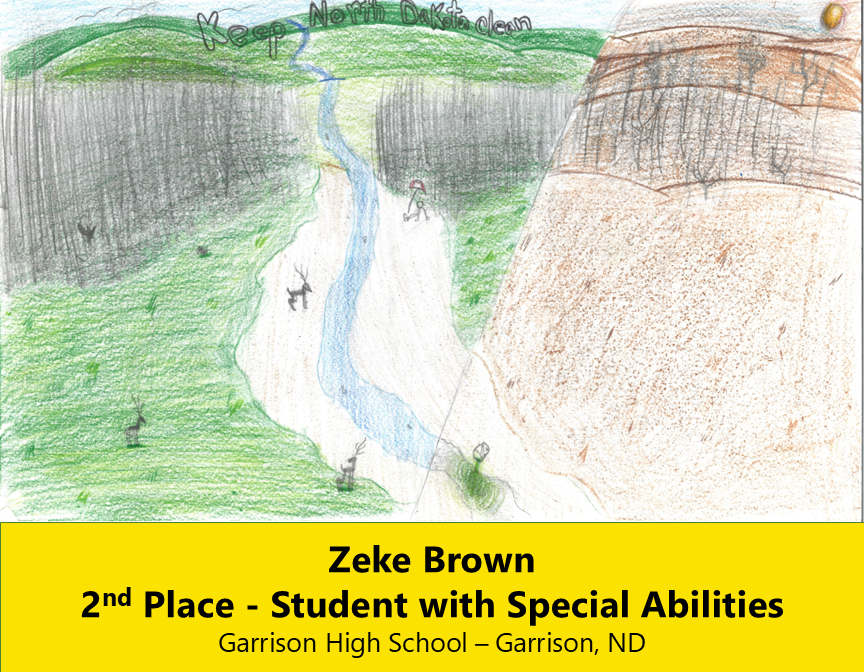 Split drawing of green landscape on the left and brown landscape on the right with "Keep North Dakota Clean" written at the top. 