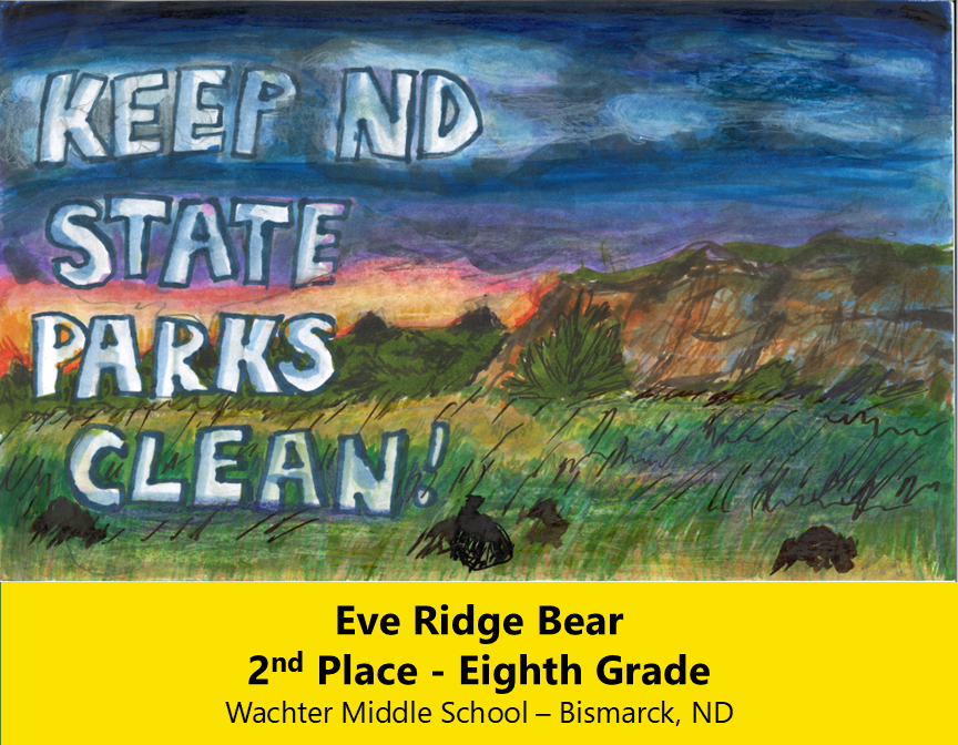 Drawing of prairie grass, tumble weeds and buttes under a dark blue sky with sun rising. 