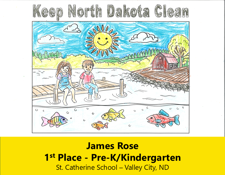 Completed coloring page of two children sitting on a dock over a lake with a farm and greenery in the background.