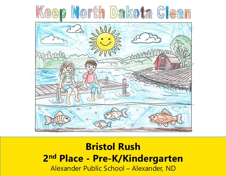 Completed coloring page of two children sitting on a dock over a lake with a farm and greenery in the background.