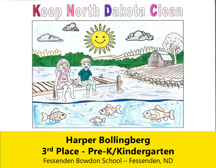 Completed coloring page of two children sitting on a dock over a lake with a farm and greenery in the background.