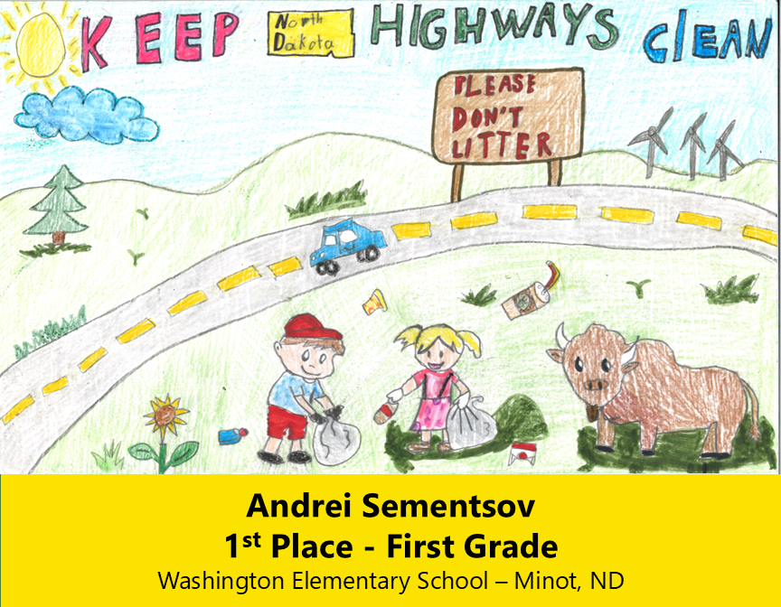 Drawing of two children picking up trash along a highway. 